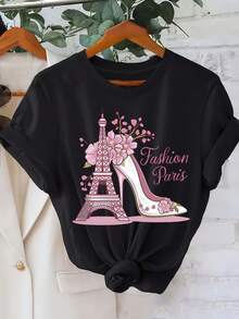 Women's Casual Cotton Crew Neck T-Shirt - Parisian Style With Eiffel Tower Floral Print - Short Sleeve T-Shirt - Comfortable And Loose Fit Crew Neck Top, Modern And Fashionable For Summer And Spring Travel And Vacations, Comfortable Fabric, Bright Digital Print. Simple T-Shirt For Everyday Wear. - 黑色 - 查看 7