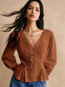 Camisa de algodón blanco con detalles de botones y bordado de encaje en la cintura, camisa de manga larga, camisa de cintura, blusa de encaje, camisa de encaje, camisa de algodón, detalles de cintura elegantes, para uso diario, salida de trabajo, - Marrón - Ver 6