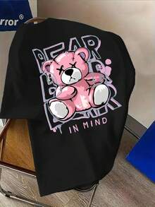 Camiseta de hombre% algodón con estampado de oso rosa, adecuada para uso casual diario, estilo urbano, camiseta de cuello redondo para hombre, corte holgado con hombros caídos, se puede usar en todas las estaciones, para usar en capas en primavera y otoño, o sola en verano, estilo unisex, adecuada para amigos, camiseta moderna de algodón de alta calidad. - Blanco - Ver 6
