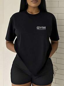 Women's Plus Size Casual T-Shirt, GYM THERAPY, With Double-Sided Physical Therapy Print, Stylish And Elegant For Summer, Comfortable Short-Sleeve Crew Neck T-Shirt, Versatile, 100% Cotton, Durable - 黑色 - 查看 2
