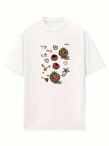 Personalized T-Shirt For Women, Loose Fit, Fun Tomato Print, Short Sleeve, Round Neck, Versatile Casual Top, White, Everyday Wear | Fashionable | Comfortable Fabric, Cartoon Design T-Shirt - Urban Vintage Style, Unisex, Cotton, Short Sleeve, Round Neck. - 珍珠白 - 查看 2
