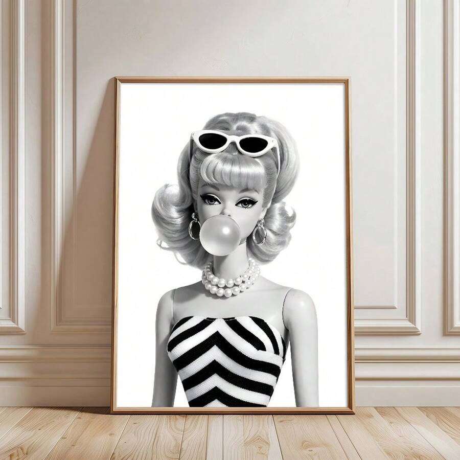 1 Tranh in trên vải canvas phong cách retro pop art búp bê thời trang kẹo cao su đen trắng, có khung/không khung, kiểu Y2K, thích hợp trang trí phòng ngủ nữ tính, phòng khách, phòng ngủ, nhà hiện đại.