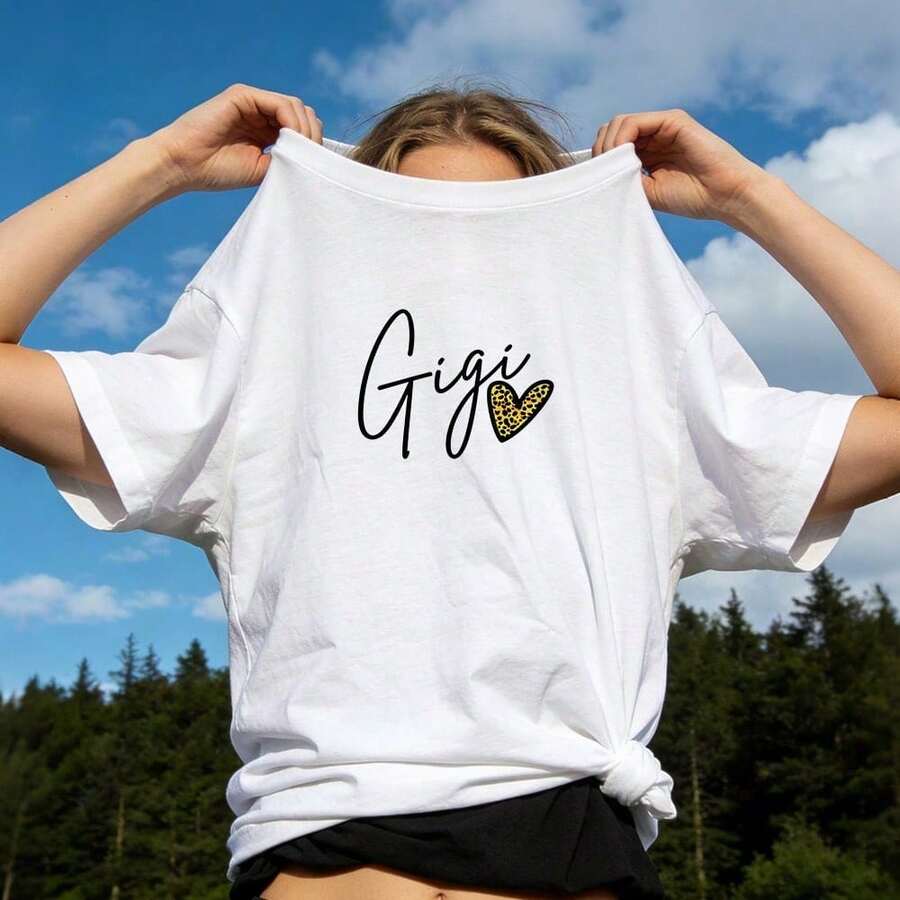 Women's Summer Clothes, Casual Soft Cotton T-Shirt With Round Neck, Leopard Print And Love Gigi Lettering. White. - 白色 - 查看 1