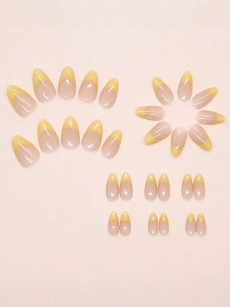 30pcs/Set Short Almond-Shaped French Nude & Yellow Nail Stickers