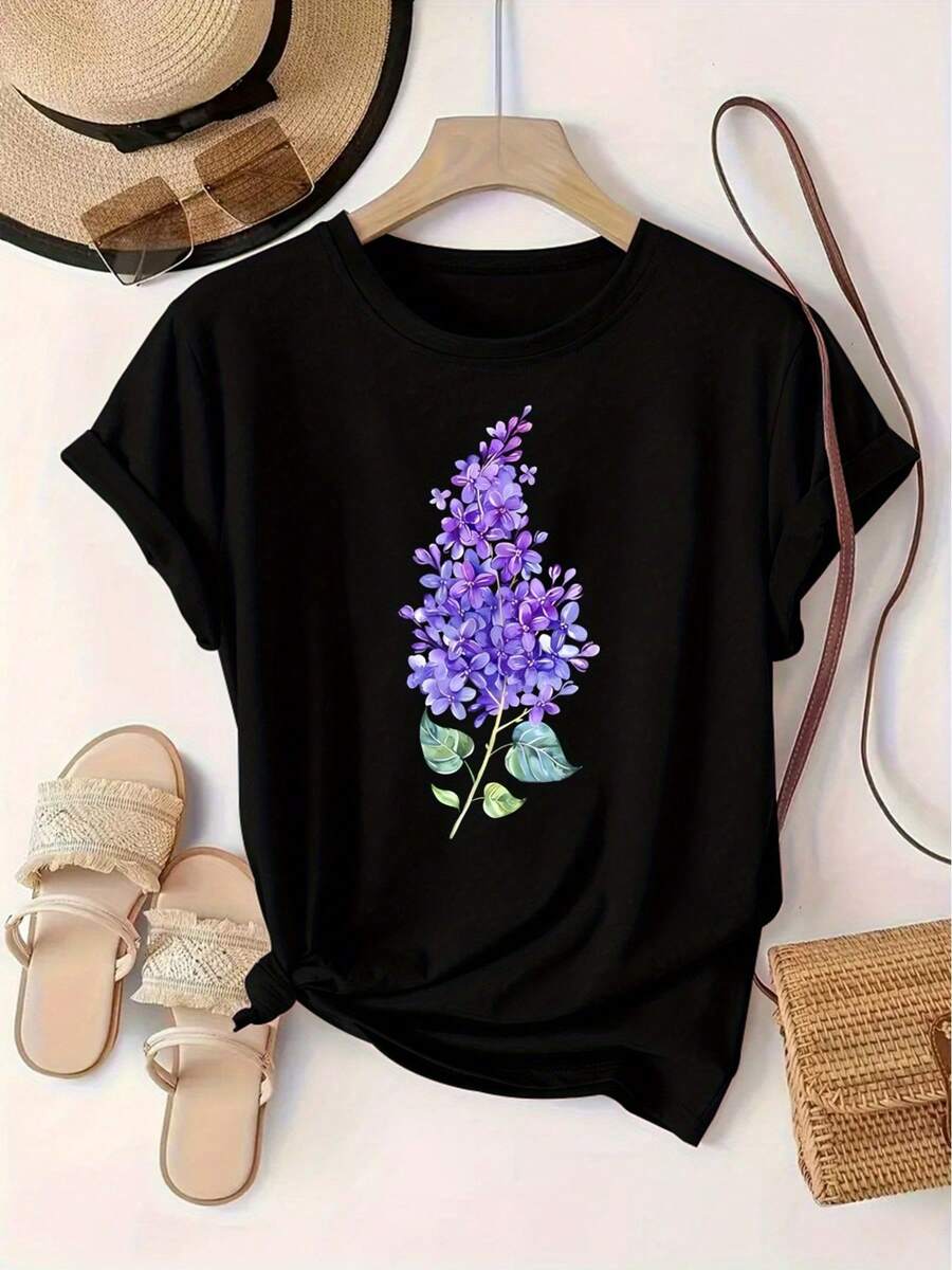 Women's T-Shirt With Floral Print, European And American Fashion, Round Neck, Short Sleeve, Women's Sports Sweater. - 黑色 - 查看 1