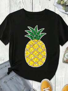 Camiseta con Pedrería de Piña, Estampado de Fruta Tropical para Festival de Verano, Ropa Casual Blanca para Mujer, Atuendo para Vacaciones en la Playa, Primavera y Verano - Negro - Ver 2
