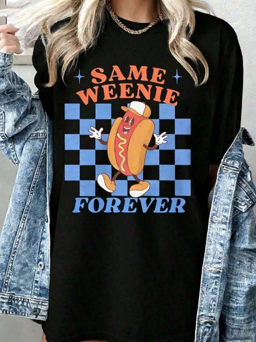 Camiseta Casual de Manga Corta para Vacaciones de Verano para MujerDivertidoSolteraFiestaCamisa-IgualWeeniePara siempreHotdogGráficoTee-VintageAños 90Y2KRetroCamiseta-SuaveCuello redondoSuperiorParaSolteraFiestaConjuntos de ropaHalloweenDisfraces-MáquinaLavableInformalVerano&OtoñoRopa-DivertidoRegaloParaMujeres,SolteraFiestaDecoraciones,JuguetónDiseño,CómodoAjusteNovedadRopaHumorísticoRopa, vestimentaTranspirableMaterial,CortoMangaTee,Mujeres, VeranoTops, VeranoRopa, PascuaConjuntos de ropaParaMujeres, St.Ropa para el Día de San Patricio, Camiseta Gráfica Divertida de Talla Grande para Mujer. Estampado Sofisticado de Letras Simples, Ideal como Prenda Básica; Hecha de Tela Suave con Excelente Caída. - Negro - Ver 1