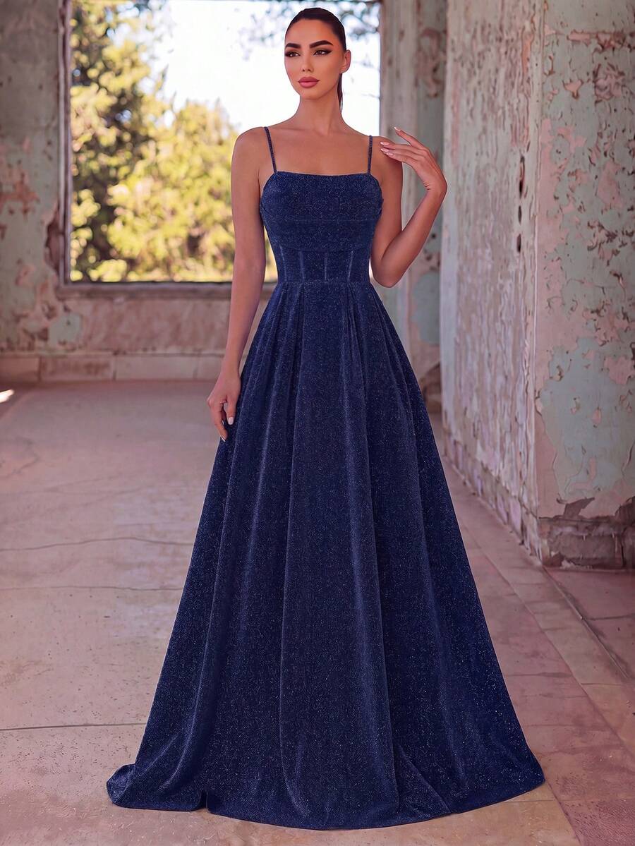 Faeriesty Elegant Women's Delicate Spaghetti Strap Long Party Evening Dress | Ruched Bust Design And Tie Back Design, Suitable For Parties, Celebrations And Galas