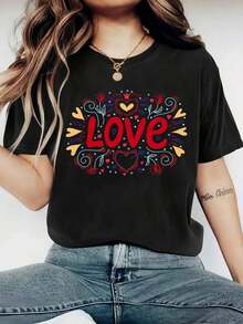 1 Paquete Camiseta Estampada Con Feliz Día De San Valentín Para Mujer De 200 G M² Con Cuello Redondo - Camiseta De Punto De Poliéster Informal Y Transpirable Para Todas Las Estaciones Round Neck Printed Short Sleeve Casual Everyday T-Shirt, They Are Excellent Gifts For Friends And Family,100% Cotton T-Shirts Feature, A Youthful And Fashionable Design blusas para mujer camisa - Negro - Ver 1