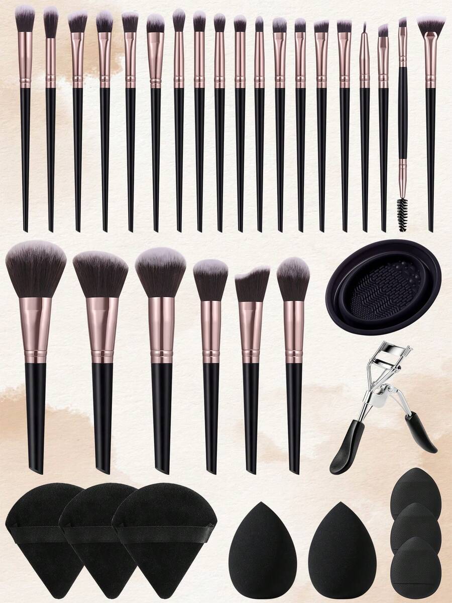 Set Kuas Makeup Profesional All-In-One 35 Buah dengan Spons Kecantikan, Puff Bedak Segitiga, Mangkuk Pembersih Silikon & Penjepit Bulu Mata, Kit Kuas Sintetis Lengkap untuk Alas Bedak, Eyeshadow, dan Concealer, Alat Makeup Wajah Lengkap untuk Pemula - Hitam - View 1