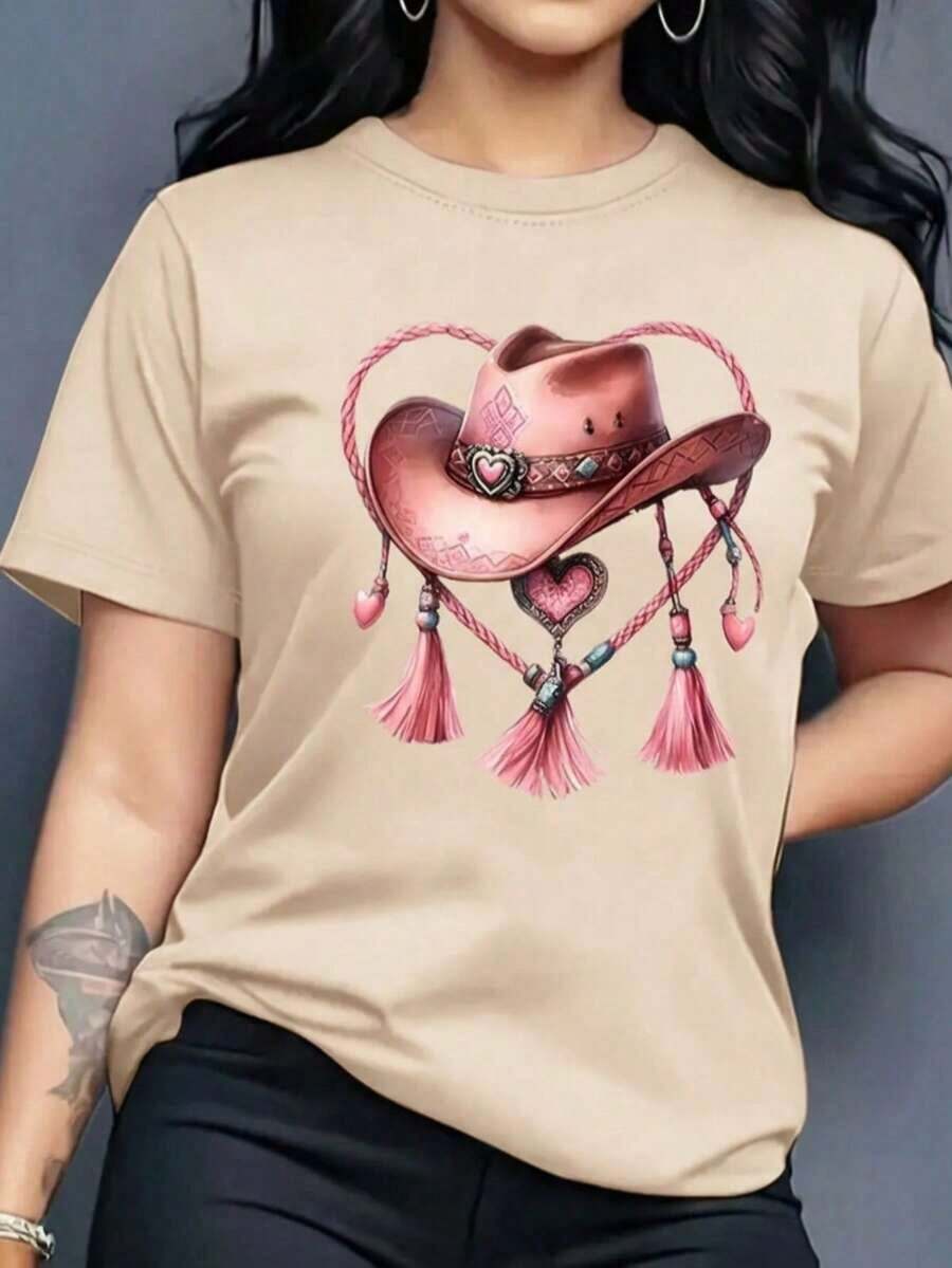 1 Piece Casual Fashion For Men And Women Graphic T-Shirt Ladies Women Short Sleeve Round Neck Casual Comfortable Cool Light Modern Youth Regular Cut Prints Hat Denim Denim Denim Heart Bow Rope Boho Bohemian Style, Versatile, Easy To Match, Suitable For Daily Wear, Urban Style, Holiday Outfits, Weekend Outfits. - 杏色 - 查看 1
