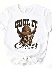 ropa de mujer   Women Clothes,Western Cowboy Print,"Cool It Cowboy" Dog With Cowboy Hat Design,Cute Western Style, 100% Cotton Short Sleeve Curvy T-Shirt,Graphic Tees Women,Summer Tops  camisas de mujer - Blanco - Ver 1
