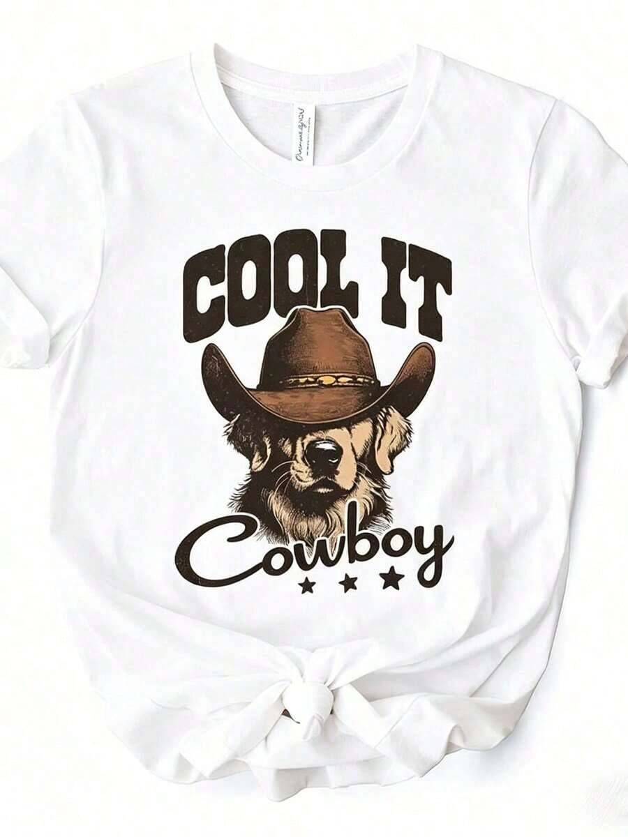 ropa de mujer Women Clothes,Western Cowboy Print,"Cool It Cowboy" Dog With Cowboy Hat Design,Cute Western Style, 100% Cotton Short Sleeve Curvy T-Shirt,Graphic Tees Women,Summer Tops camisas de mujer - Blanco - Ver 1