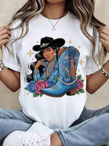 Camiseta de cuello redondo para mujer con estampado de vaquera con botas azules y rosas, manga corta, ropa casual para salidas diarias y eventos de estilo occidental. - Blanco - Ver 1