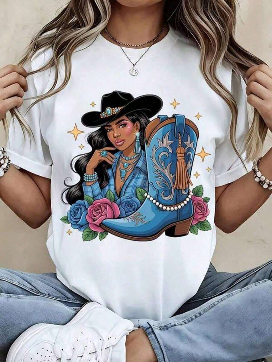Camiseta de cuello redondo para mujer con estampado de vaquera con botas azules y rosas, manga corta, ropa casual para salidas diarias y eventos de estilo occidental. - Blanco - Ver 1