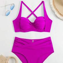 Traje de baño bikini de cintura alta de color sólido y estilo sexy, nuevo en - Rosa Fucsia - Ver 5