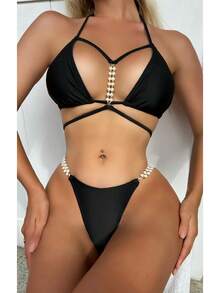 New And Sexy Solid Color Strappy Thong Bikini. - 黑色 - 查看 9