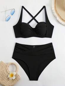 Traje de baño bikini de cintura alta de color sólido y estilo sexy, nuevo en - Negro - Ver 10