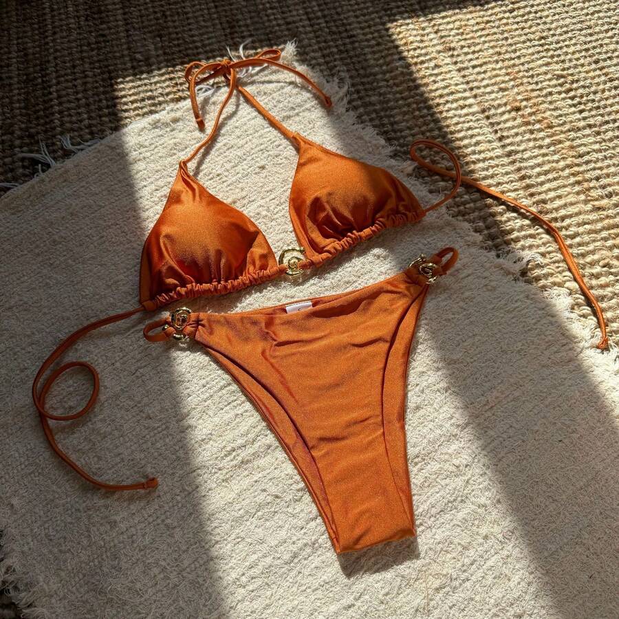 New And Sexy Two-Piece Swimsuit Made Of Shiny Metallic Nylon With Rings, Open Back And Back Tie. - Light Brown - View 1