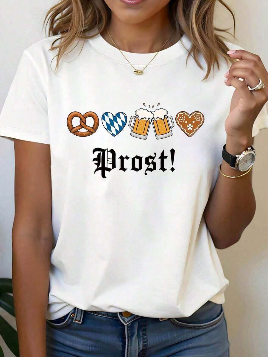 [Especial de Vacaciones] Camiseta de Mujer con Estampado de Ambiente Animado del Festival Tradicional Alemán "Bavarian Cheers Moment" para Primavera Verano - Blanco - Ver 1