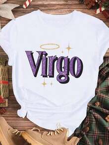 Elegant And Casual Women's Short-Sleeved White T-Shirt With Virgo Zodiac Sign Print, Summer Casual Wear,  Astrology-Themed Top. - 白色 - 查看 3