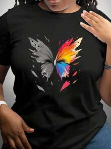 Camiseta Deportiva de Manga Corta con Estampado de Mariposas en Cinco Colores |     Ropa diaria para mujer, suave y transpirable, elasticidad moderada, lavable a máquina, camiseta casual de cuello redondo, perfecta para la moda de verano. Camisetas de mujer de algodón, blusas negras para dama. - Negro - Ver 7