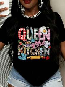 Camiseta de manga corta "Reina de la Cocina" blanca con estampado colorido de utensilios de cocina y alimentos, ropa casual para cocinar y uso diario, camiseta de verano. - Negro - Ver 1