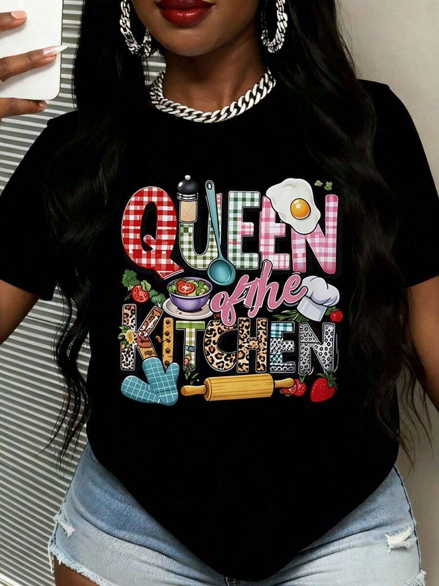 Camiseta de manga corta "Reina de la Cocina" blanca con estampado colorido de utensilios de cocina y alimentos, ropa casual para cocinar y uso diario, camiseta de verano. - Negro - Ver 1
