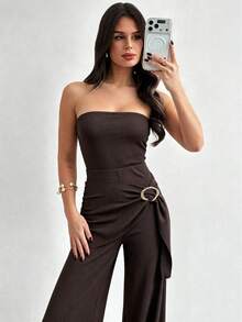 Bộ jumpsuit dệt kim màu nâu đậm trơn - Thiết kế không dây vai, khóa cài kim loại ở eo, quần ống loe cạp cao, tôn dáng cho mọi vóc dáng, thanh lịch cho mùa hè. - màu nâu - Xem 4