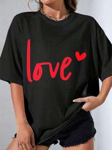 Camisetas de Mujer, Manga Corta Casual para Fiesta, Camiseta Oversize OneWhite con Estampado de Corazón para Uso Casual 180g - Negro - Ver 1