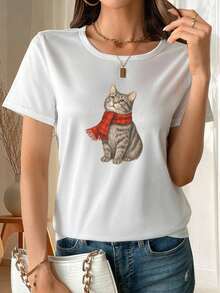ModaModa1 Camiseta de manga corta para mujer con un estampado de un lindo gato con una bufanda roja, hecha de fibra de poliéster suave y transpirable, elasticidad media, lavable a máquina, camiseta casual de manga corta, diseño moderno, nuevo modelo 2026, camiseta estampada de cuello redondo, 180g 100% algodón. - Blanco - Ver 5