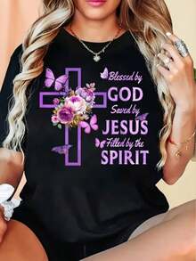 Camiseta de Cuello Redondo para Mujer, Estilo Retro Religioso, Novedad 2026, Suave y Cómoda para Todas las Temporadas, Ropa Casual de Algodón - Negro - Ver 1