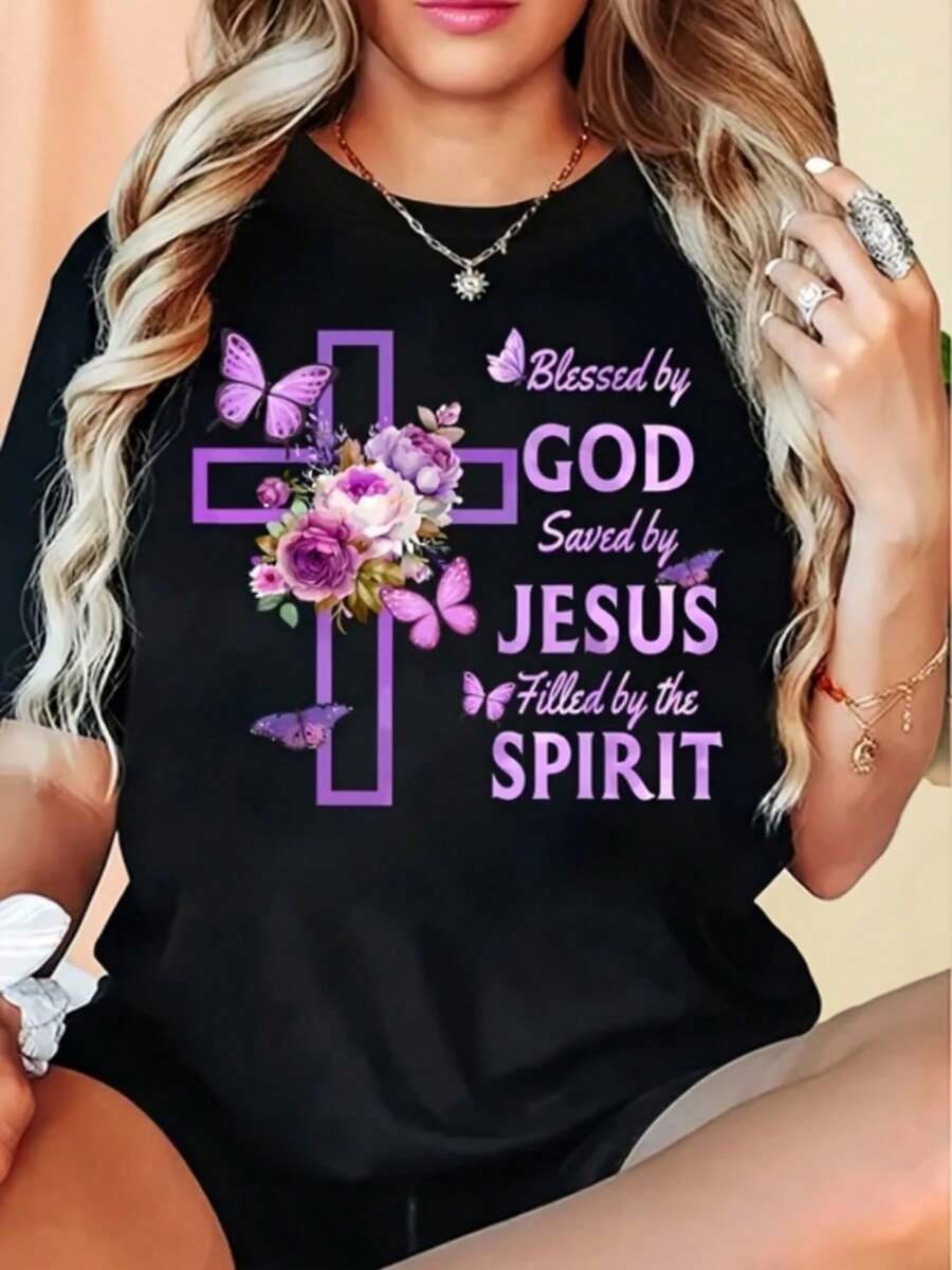 Camiseta de Cuello Redondo para Mujer, Estilo Retro Religioso, Novedad 2026, Suave y Cómoda para Todas las Temporadas, Ropa Casual de Algodón - Negro - Ver 1