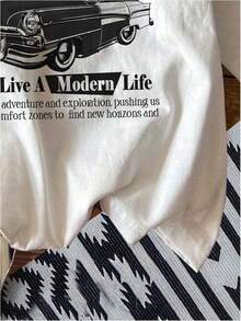 1 pieza de camiseta con estampado de letras para mujer RoseSeek, cuello redondo, hombros caídos, camiseta de moda de verano, manga corta, estampado de coche vintage, 180g, 100% algodón. - Negro - Ver 9
