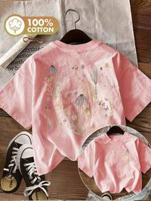 Edición Limitada [Impresión a Doble Cara] Camiseta Casual de Verano para Mujer, Estilo Acuarela con Flores Silvestres y Mariposas, Cuello Redondo, Manga Corta, Algodón Ligero [Ling K] - Blanco - Ver 8