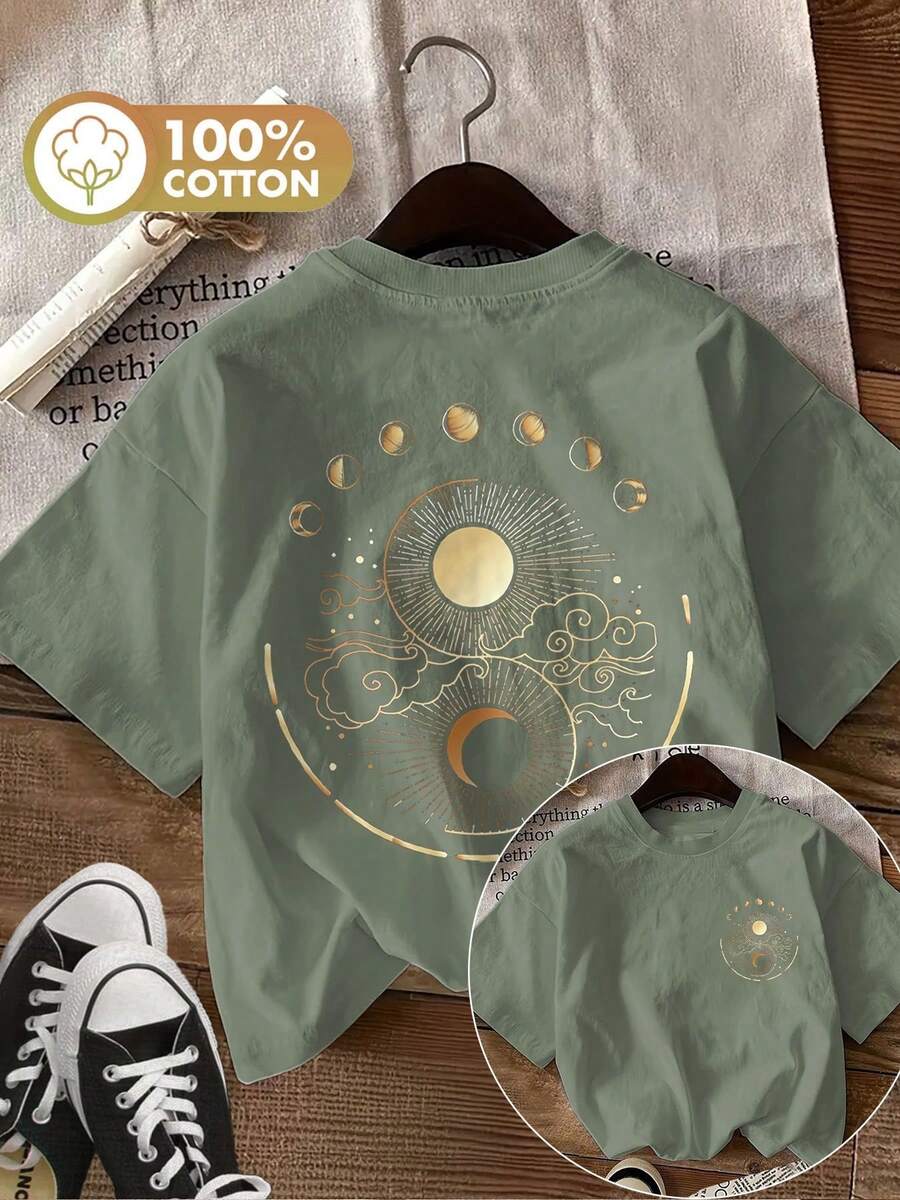 Camiseta de edición limitada con estampado gráfico, manga corta, cuello redondo, top casual para verano y primavera, ropa de mujer, algodón ligero. - Verde - Ver 1
