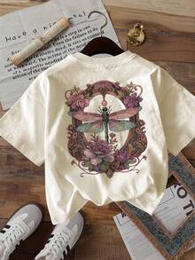 Limited Edition: Women's Casual Summer T-Shirt With Double-Sided Dragonfly And Floral Print, Round Neck, Short Sleeve, Lightweight Cotton - 杏色 - 查看 4