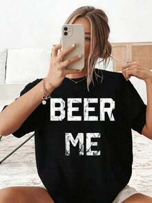 Camiseta de algodón de manga corta, estilo casual, con estampado gráfico divertido "BEER ME" para mujer, regalo para ella. - Negro - Ver 6