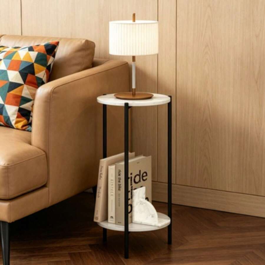 Besi 2-Tier Modern Tall Round Side End Table With Sturdy Metal Legs, Marble White - Đá cẩm thạch trắng - Xem 1