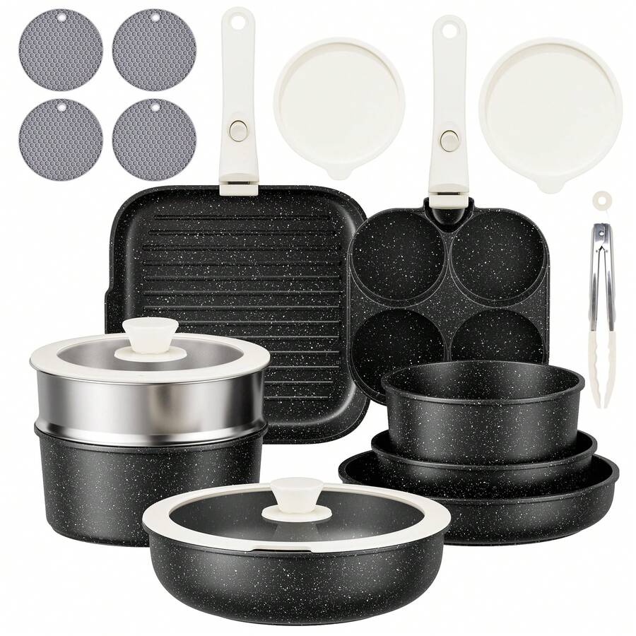 RIOVARM Induction Non Stick Frying Pan And Pot Set With Lids, Granite Cookware Set With Detachable Handles, Stackable Kitchen Cookware With Removable Handles, Camping Frying Pan Set - View 1
