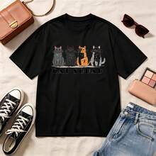 Casual Crewneck, Cat Squad, 100% Cotton, Oversized, Soft Breathable, Short Sleeve Top, Kawaii, Summer Vibes, Cat Lovers, Streetwear - Negro - Ver 1