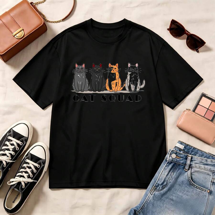 Casual Crewneck, Cat Squad, 100% Cotton, Oversized, Soft Breathable, Short Sleeve Top, Kawaii, Summer Vibes, Cat Lovers, Streetwear - Negro - Ver 1