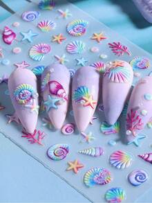 2 Sheets Ocean Colorful Starfish Seashell Nail Stickers Wave Coral Pattern 5D Embossed Nail Decals Summer Beach Tropical Marine Themed 3D Self‑Adhesive Manicure Decor - Multicolor - View 10