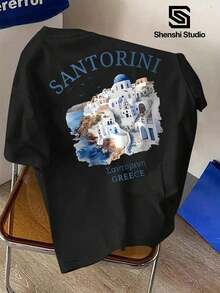 Men's Casual T-Shirt Made Of Polyester Fiber, This T-Shirt Comes With A Built-In "Travel Filter"! Featuring An Architectural Print In Santorini Blue And White, It's Refreshing And Relaxing, Suitable For Everyday And Weekend Wear, Offering A Modern Style For Men In Summer. 100% Cotton. - 黑色 - 查看 3