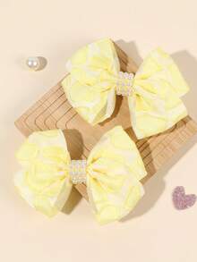 2pcs Yellow Heart Pattern Bow Hair Clips, Exquisite Fabric Hair Clips, Pearl Decorated Clips, Fashion Hair Accessories, Suitable For Children Girls Daily And School Use - Yellow - View 1