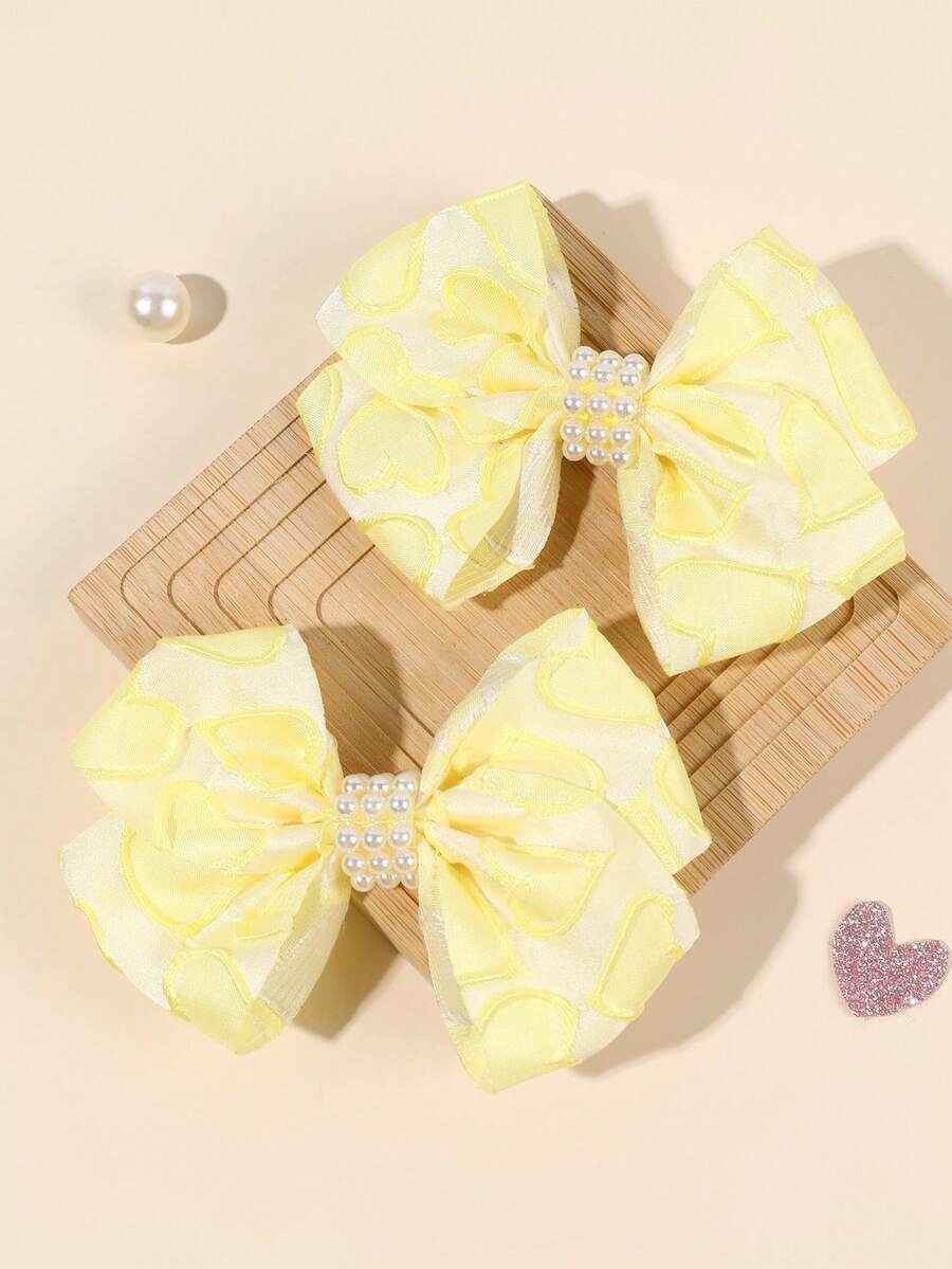 2pcs Yellow Heart Pattern Bow Hair Clips, Exquisite Fabric Hair Clips, Pearl Decorated Clips, Fashion Hair Accessories, Suitable For Children Girls Daily And School Use - Yellow - View 1