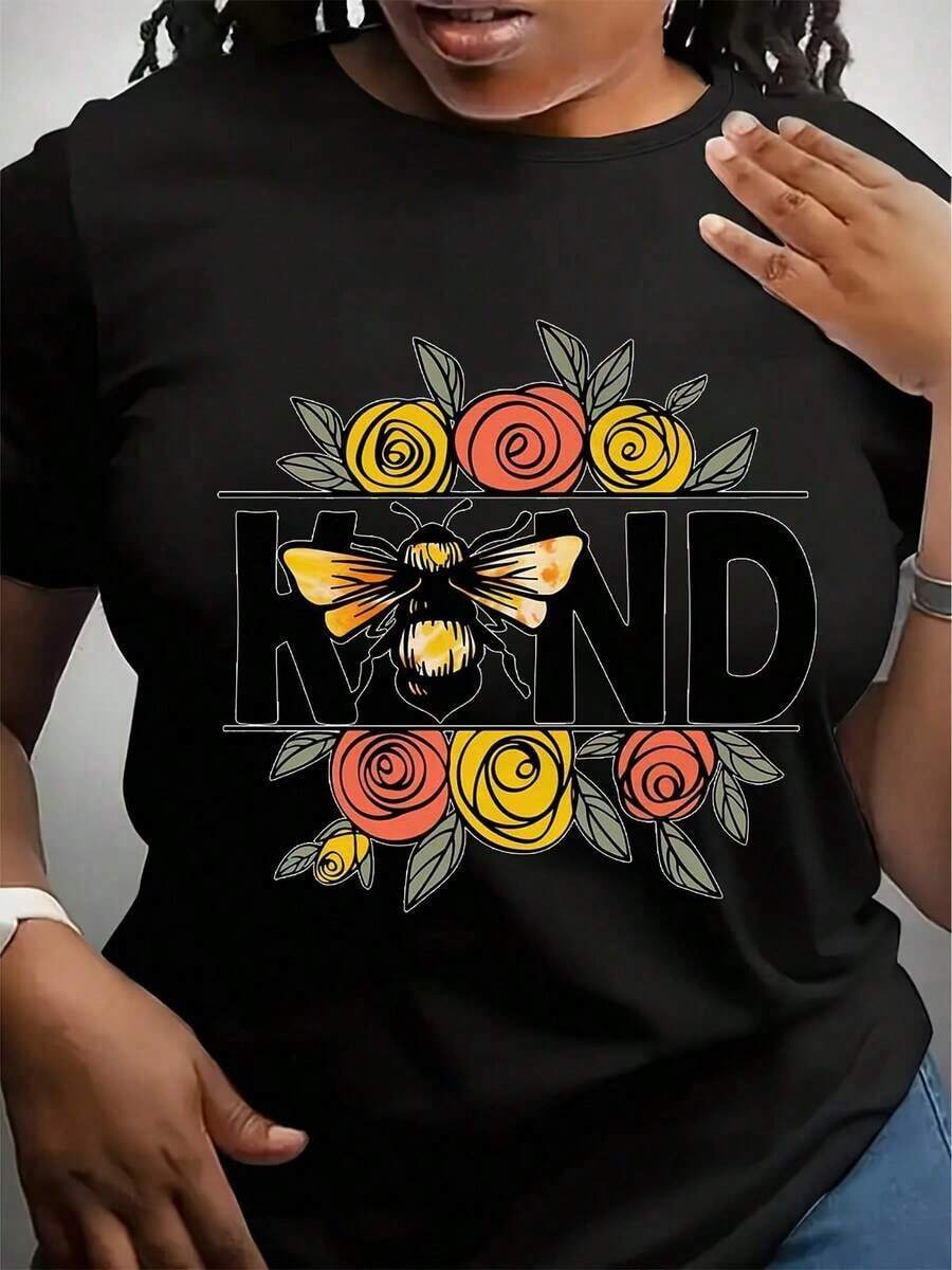 Camiseta Gráfica "Be Kind" para Mujer - Camiseta Blanca con Letras "KIND" en Negrita, Detalles Florales - Top Suave de Verano para Atuendos con Mensajes Positivos, Camisetas para Damas - Negro - Ver 1