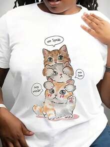 Camiseta de algodón de manga corta para mujer - Estampado de gato lindo y texto divertido, cuello redondo holgado, top casual, lavable a máquina, ropa cómoda e informal para todas las estaci - Blanco - Ver 1