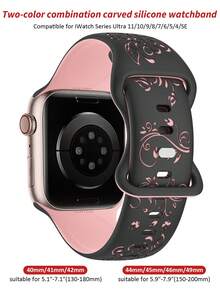 Pulseira de Relógio de Silicone com Padrão de Narciso Entalhado, Adequada para Apple Watch 40mm 41mm 42mm 44mm 45mm 46mm 49mm, Elegante e Esportiva Casual, Compatível com Apple Watch Ultra/11/10/9/8/7/6/5/4/SE, Pulseira de Relógio Inteligente Feminina - Pulseira preta com flores rosa - Visão 6