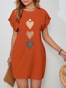 Vestido casual de punto para mujer con estampado de corazón, cuello redondo, manga corta, top de moda negro con diseño de bandera colorida - Marrón - Ver 4